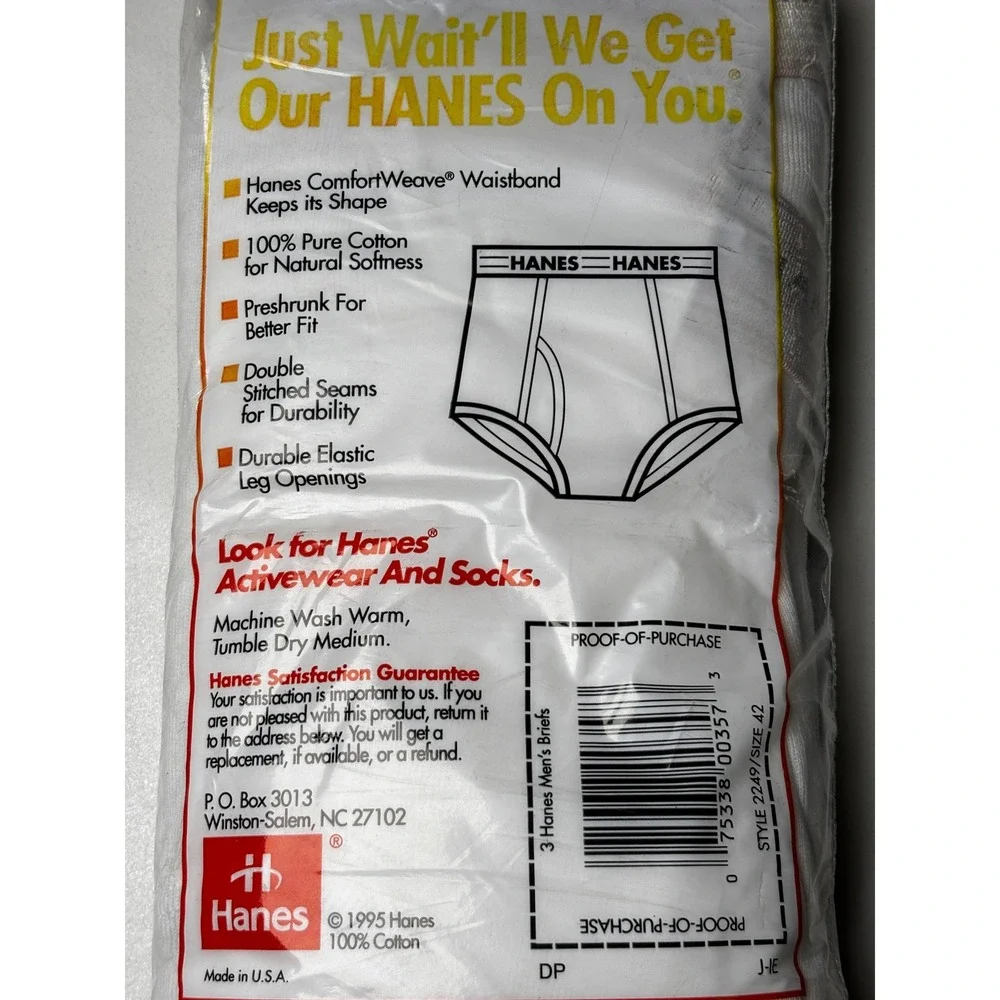 Hanes Vintage 90's Mens 3 Pack Cotton Briefs Size 40 Tightie Whities‎ Pre-shrunk